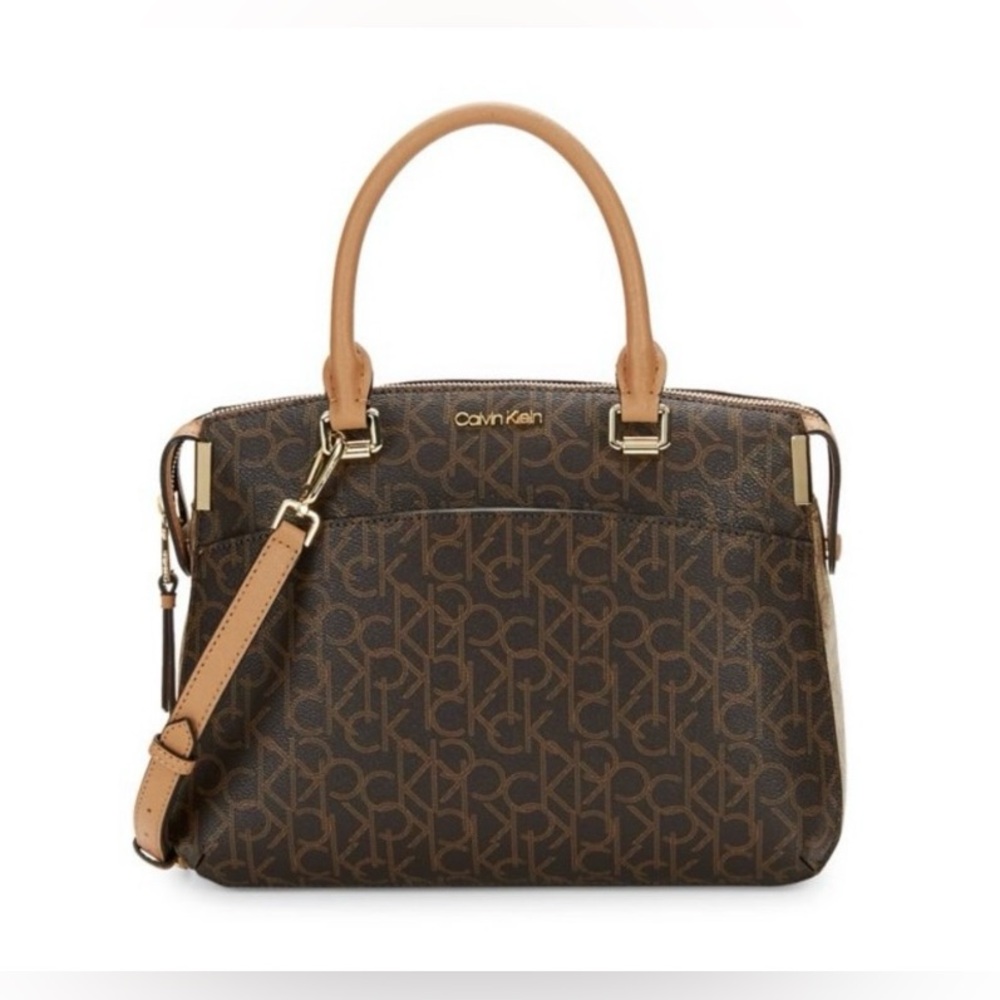 Calvin Klein Monogram Leather Crossbody Satchel Brown and Tan Women's Bag